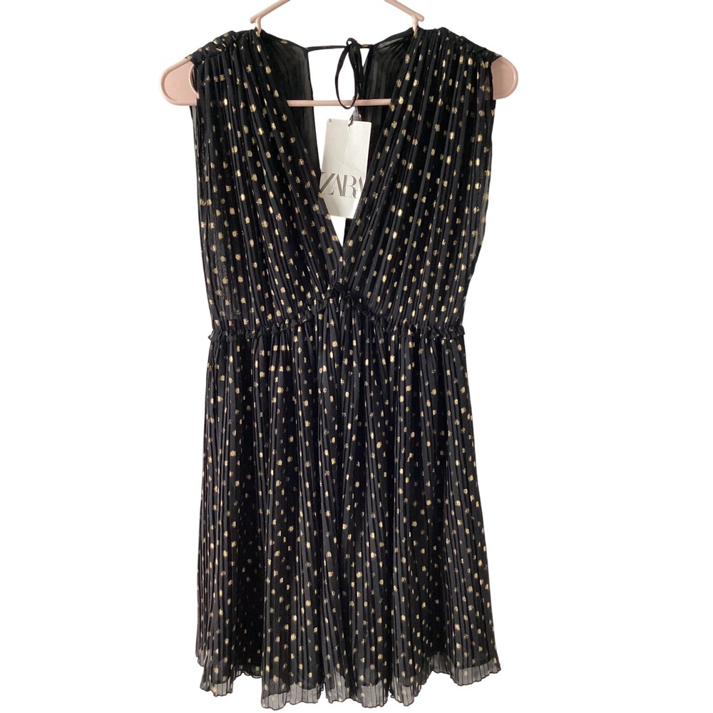 Zara Mini Dress Black Gold Polka Dot Pleated V Neck‎ Sleeveless NWT Small